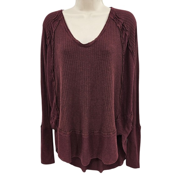 We The Free Sweater Womens S Burgundy Waffle Raw Hem Boho Cabincore Lagenlook - Picture 1 of 8